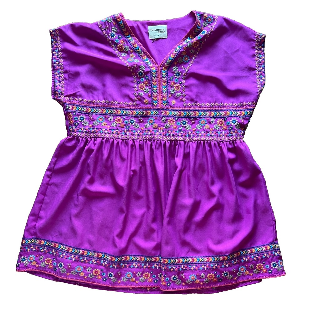 Savanna Jane Embroidered Dress Magenta V-Neck Short Sleeve Boho Festival Size 2X